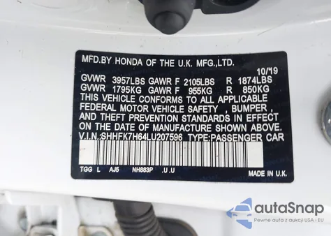 2020 Honda Civic Ex из США, поврежденный, VIN SHHFK7H64LU207596